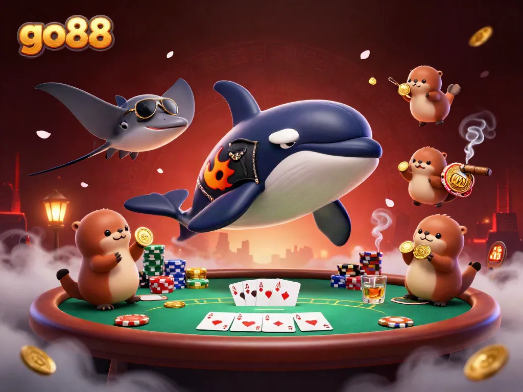 Engage with go88 through thrilling poker adventures in a vibrant cartoon casino illustration.