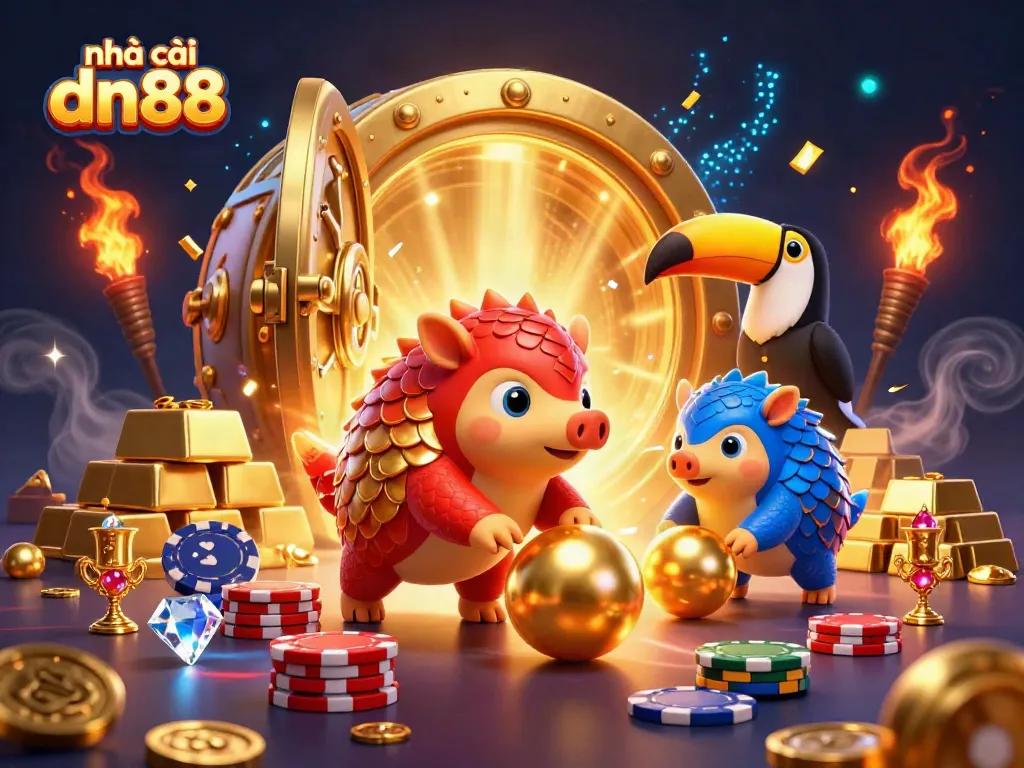 Experience thrilling gaming action with nhà cái dn88's colorful pangolins, vibrant treasures, and energetic casino atmosphere.