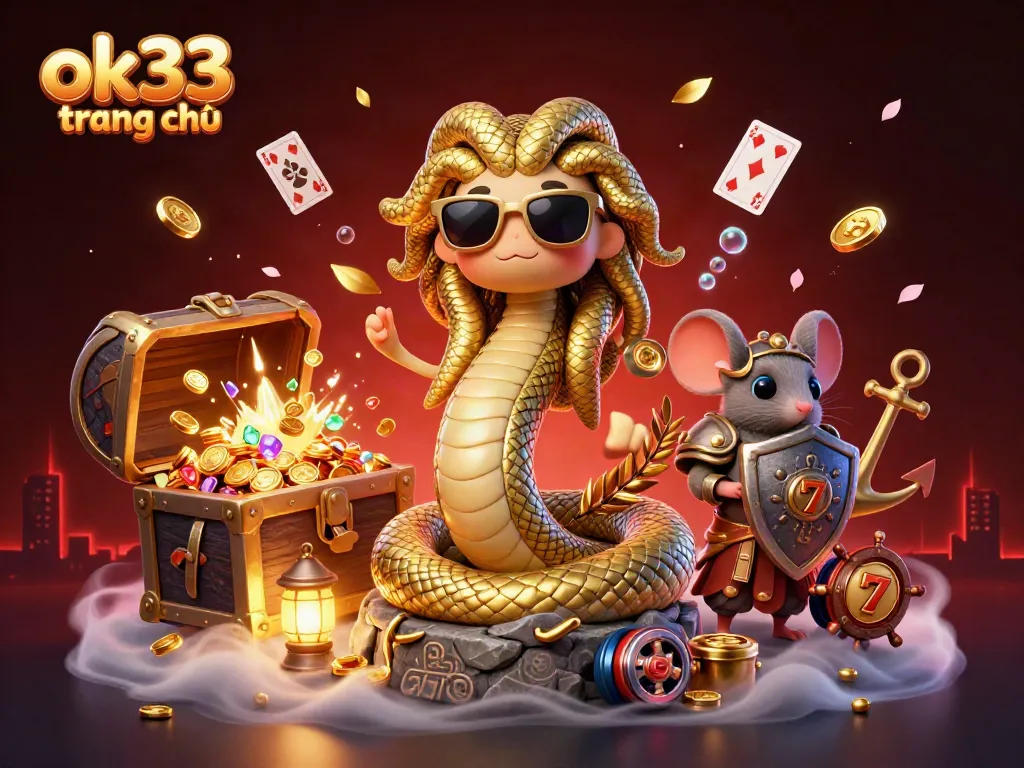 Experience the excitement of ok33 trang chủ with a vibrant casino-themed 3D illustration featuring Medusa and treasures.