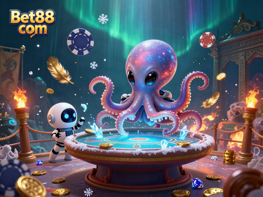 Experience the thrill of Bet88 com with an alien octopus at a holographic poker table amidst cosmic elements.