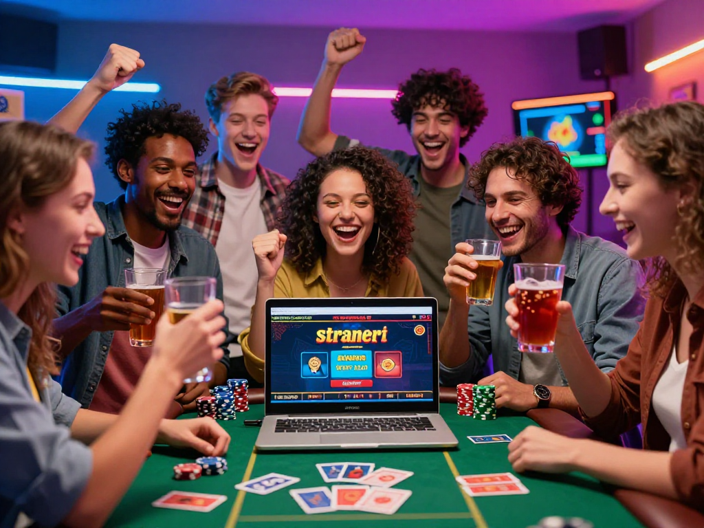 Amici festeggiano una vittoria nei casinò online stranieri, atmosfera vivace e coinvolgente.