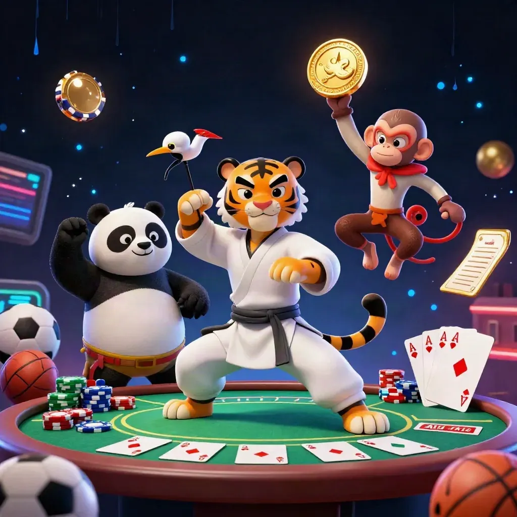 Kung-fu tiger, panda and monkey amid poker chips, aces, sports balls and neon casino lights.