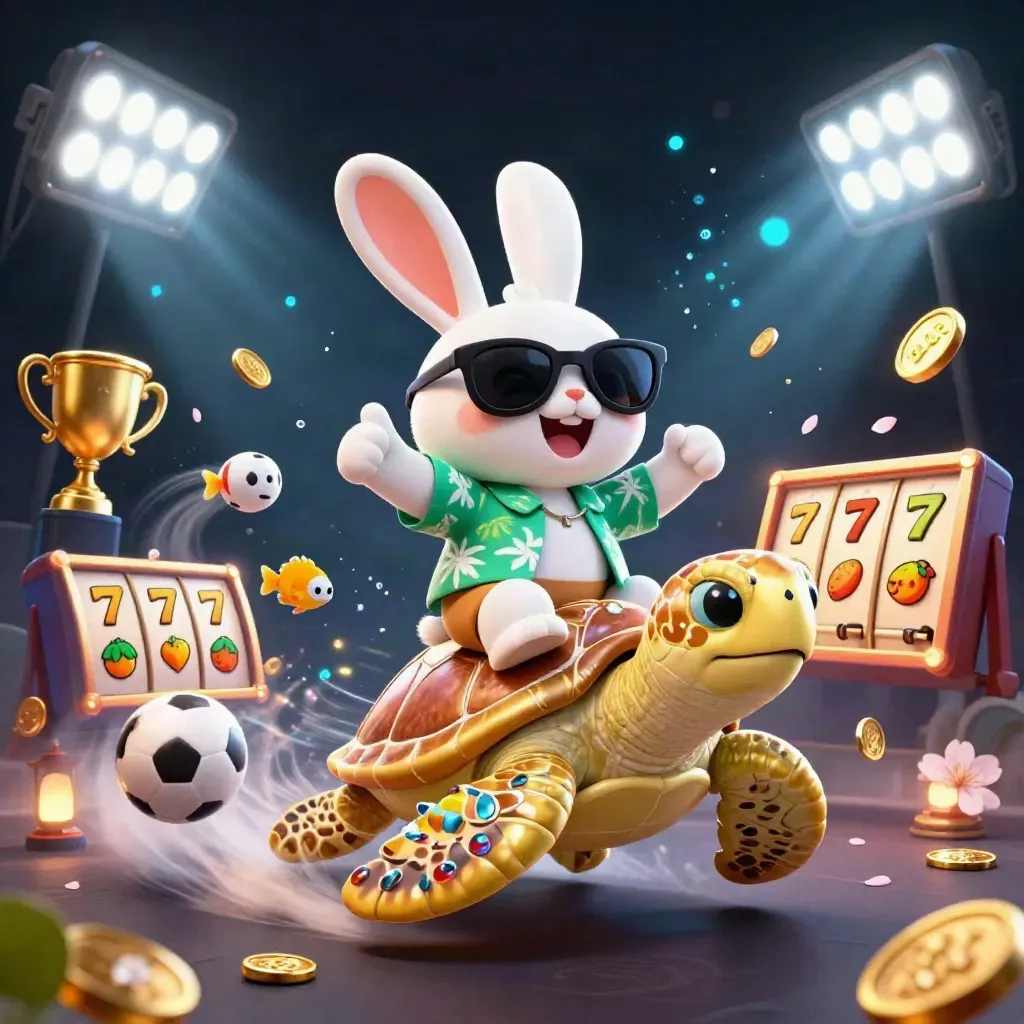 Cartoon rabbit riding a golden turtle amid casino and sports magic, coins, beams, and glowing effects.