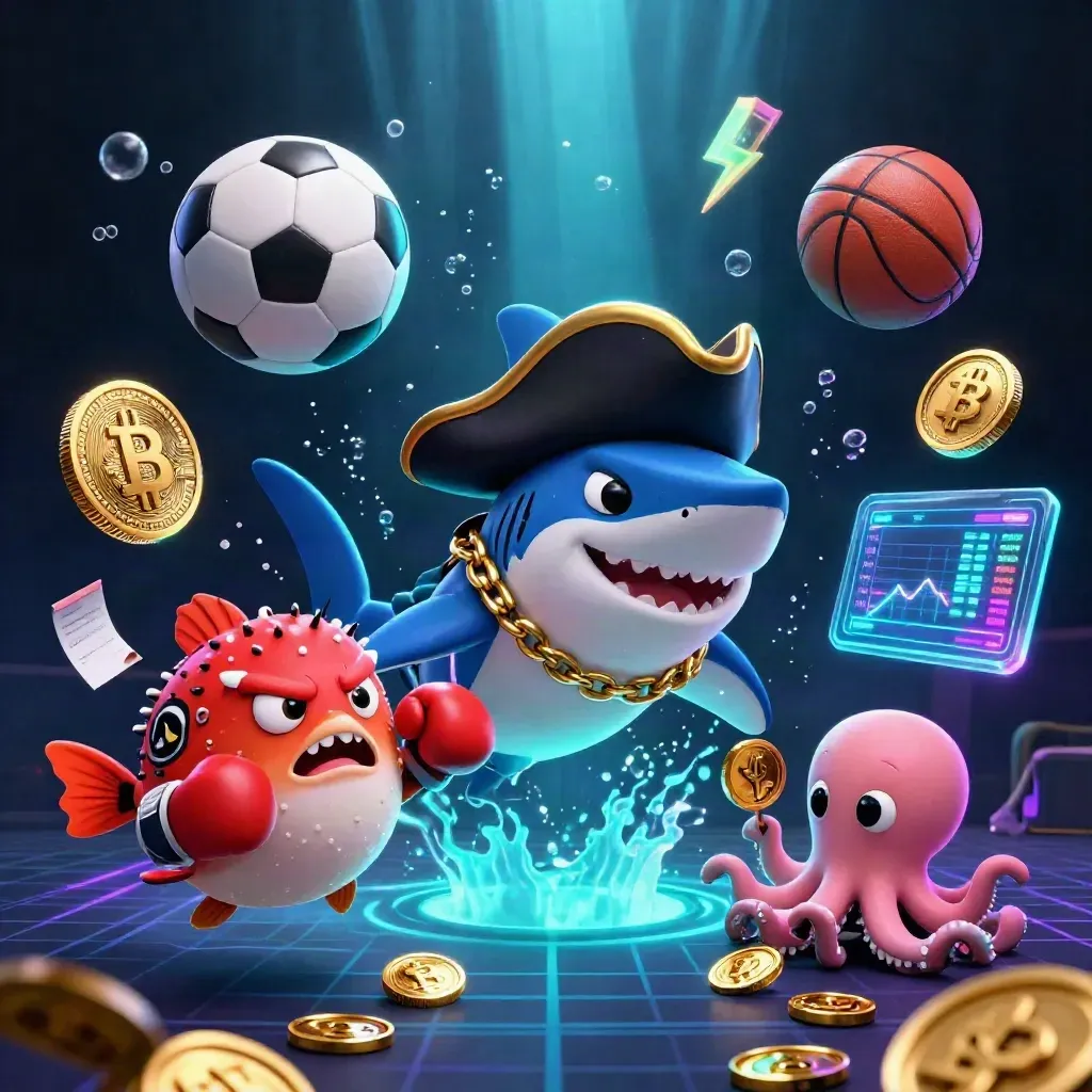 Pirate shark, pufferfish and octopus amid coins, balls, neon charts, bubbles and underwater light.