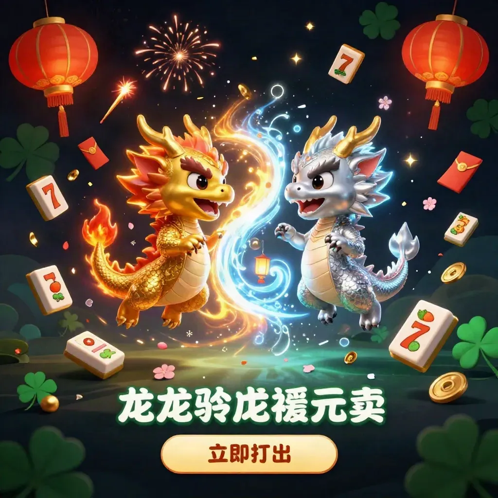 Twin gold and silver dragons twist around a lantern spirit in a neon casino treasure storm.