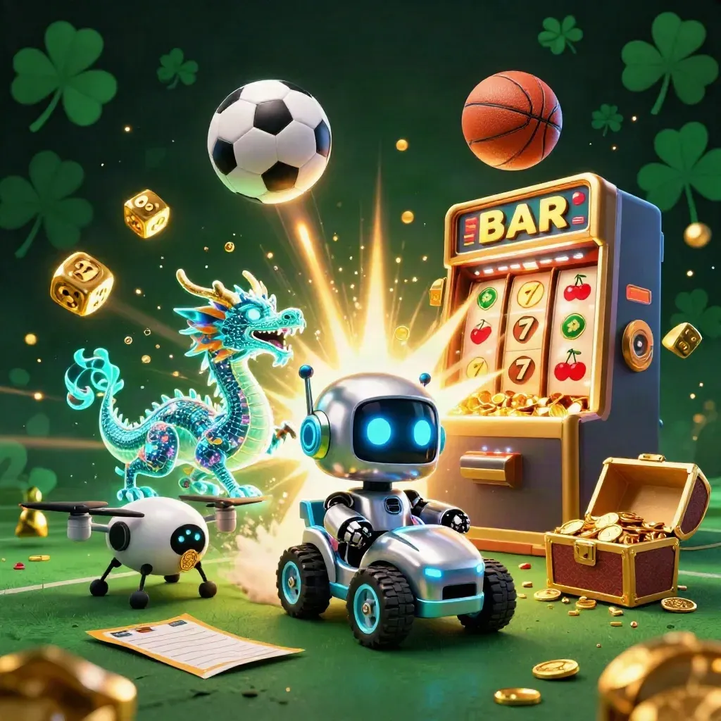 Neon cyberpunk robot, dragon and drone amid flying balls, gold, dice and slot machine burst