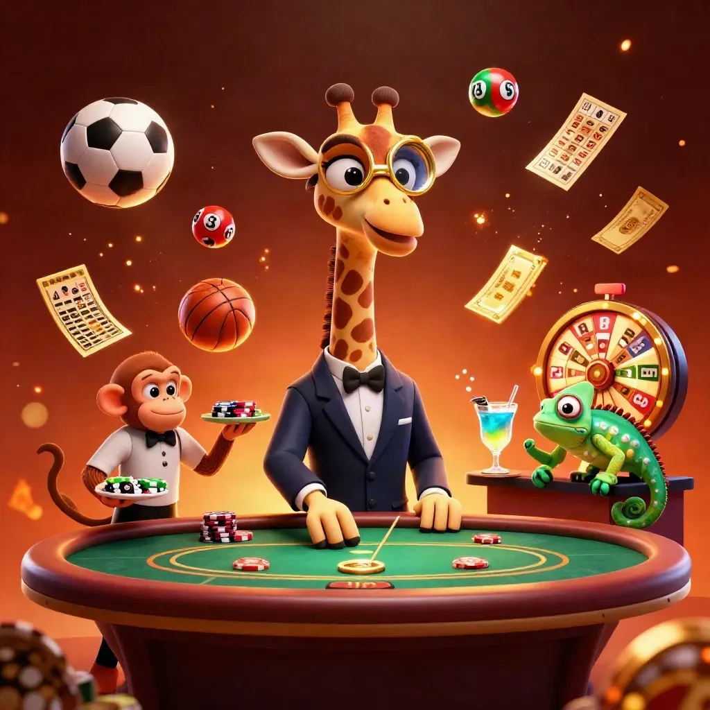 Giraffe, monkey and chameleon amid casino sports props, balls, wheel and glowing lights.