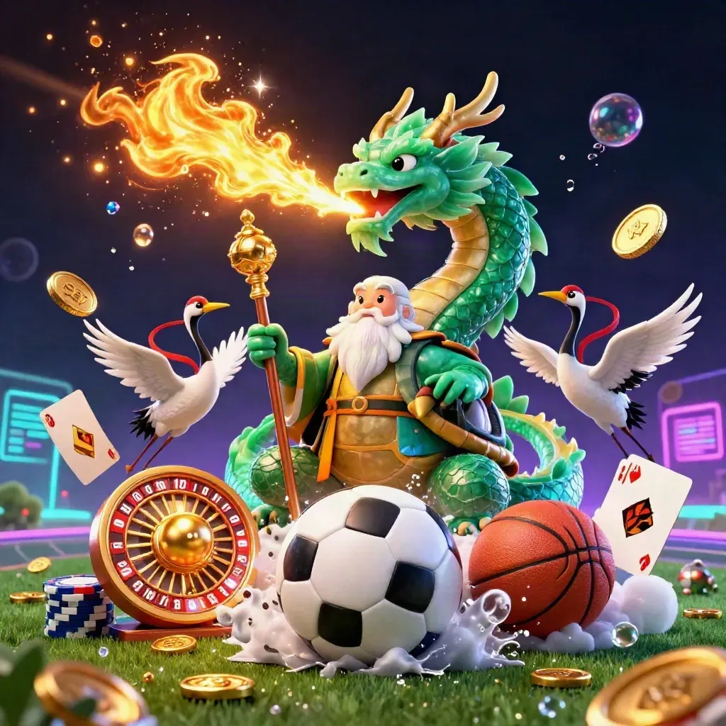 Emerald dragon, turtle sage and cranes amid casino coins, balls, chips and neon light.