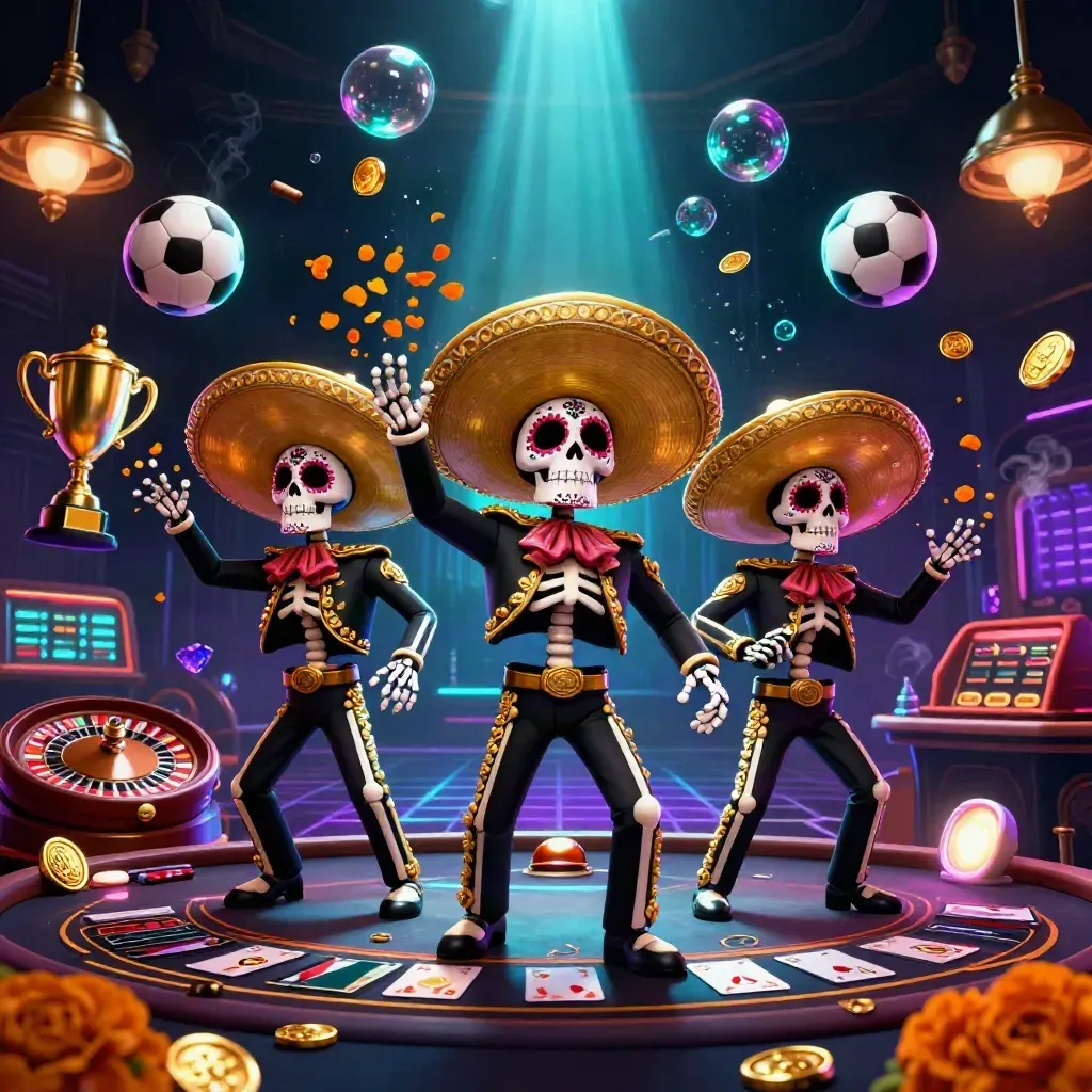 Skeleton mariachi trio in a glowing casino scene with sports balls, trophy, roulette wheel, and neon lights.