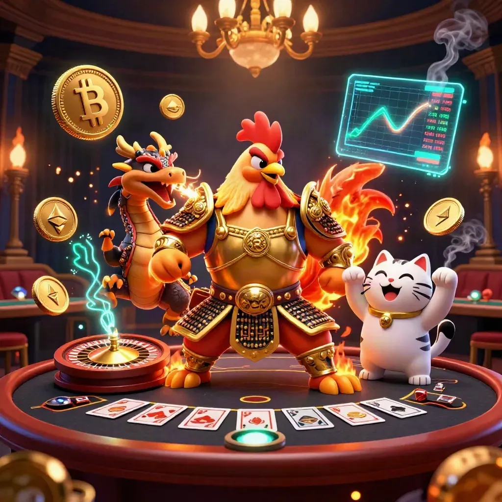 Rooster warrior, dragon hatchling, and fortune cat in a fiery casino scene with coins and neon glow.