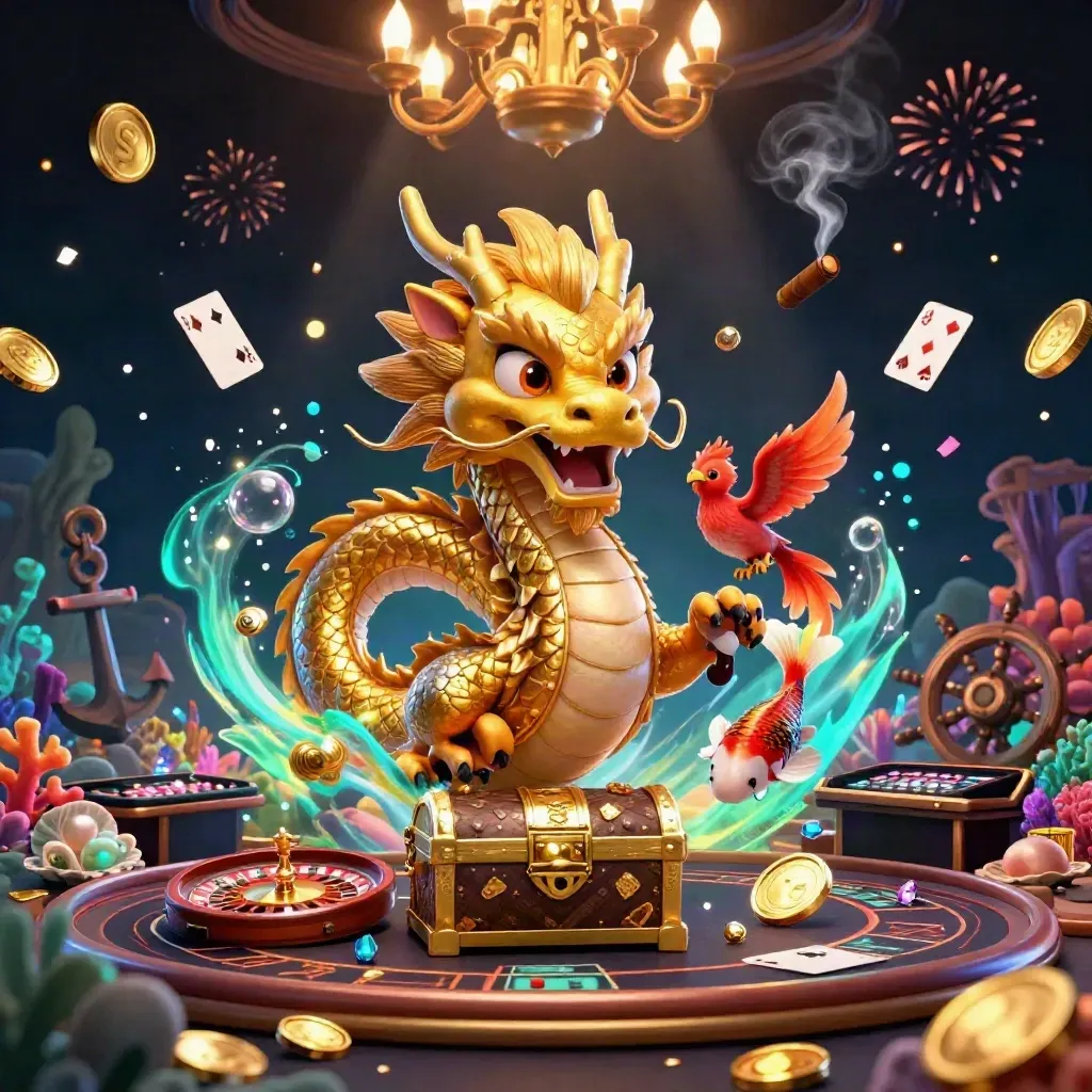 Dragon, phoenix, and koi amid treasure, coins, coral, and casino lights in a neon navy cove.