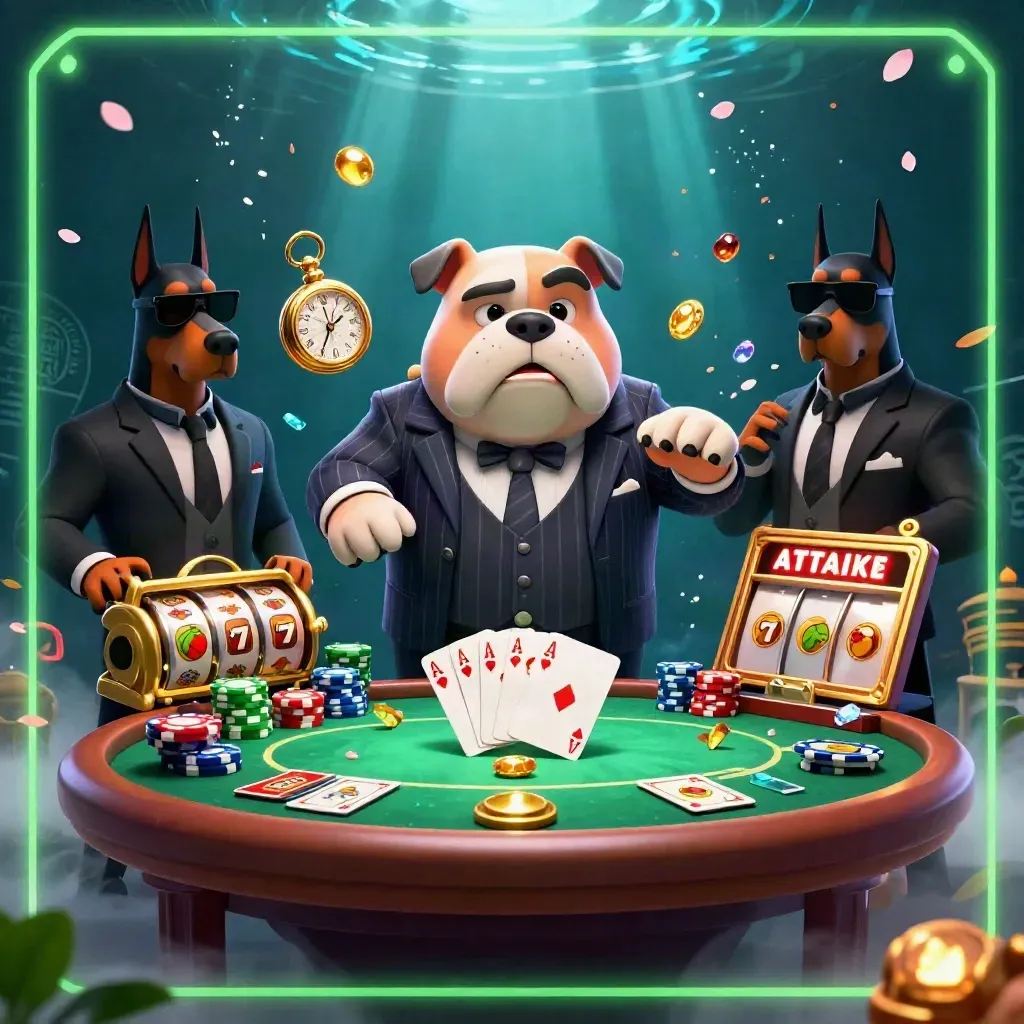 Bulldog mob boss and two Dobermans over glowing chips, cards, and slot reels underwater.
