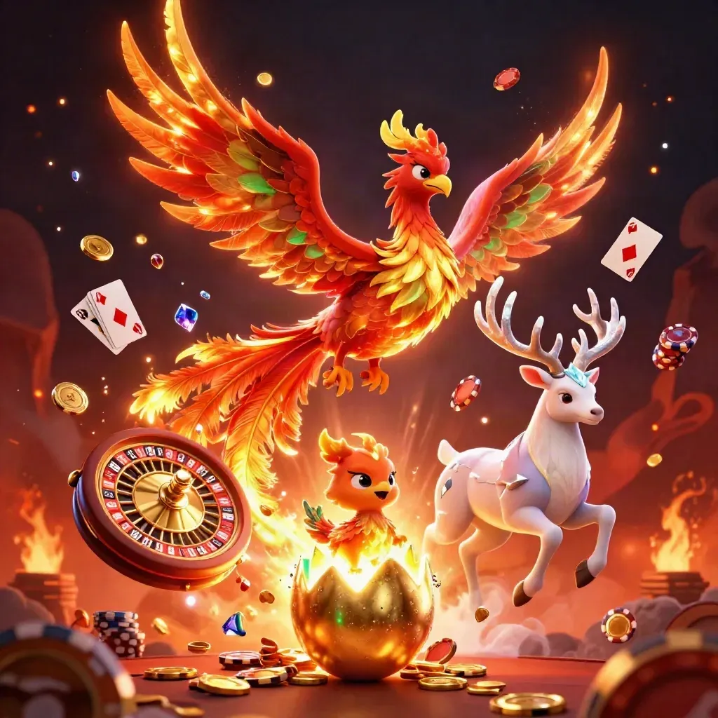 Fire phoenix, baby phoenix, and crystal stag amid coins, gems, chips, and a spinning roulette wheel.