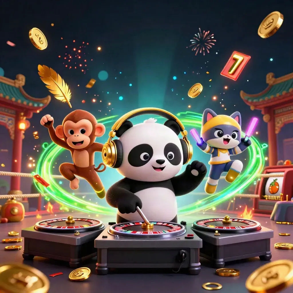 Panda DJ, breakdancing monkey, and glow-stick kitten amid coins, neon swirls, and temple ruins.