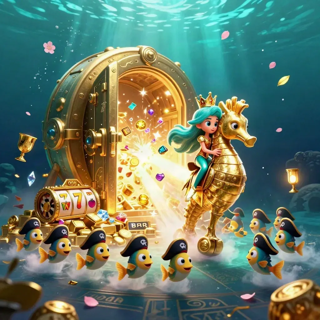 Mermaid princess on a golden seahorse amid a bursting treasure vault underwater