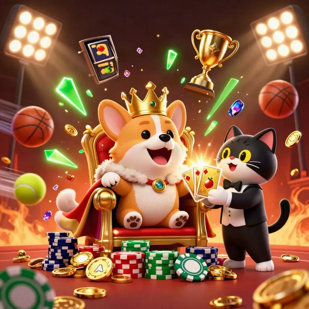 Royal corgi and cat butler amid sports balls, trophies, embers, coins, and neon-green glow