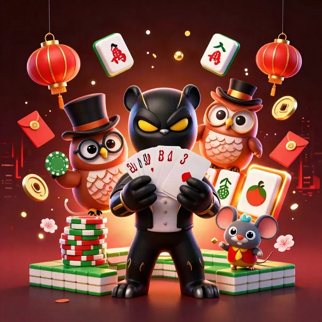 Panther, owl, and mouse amid glowing casino loot, lanterns, coins, petals, and fireworks.