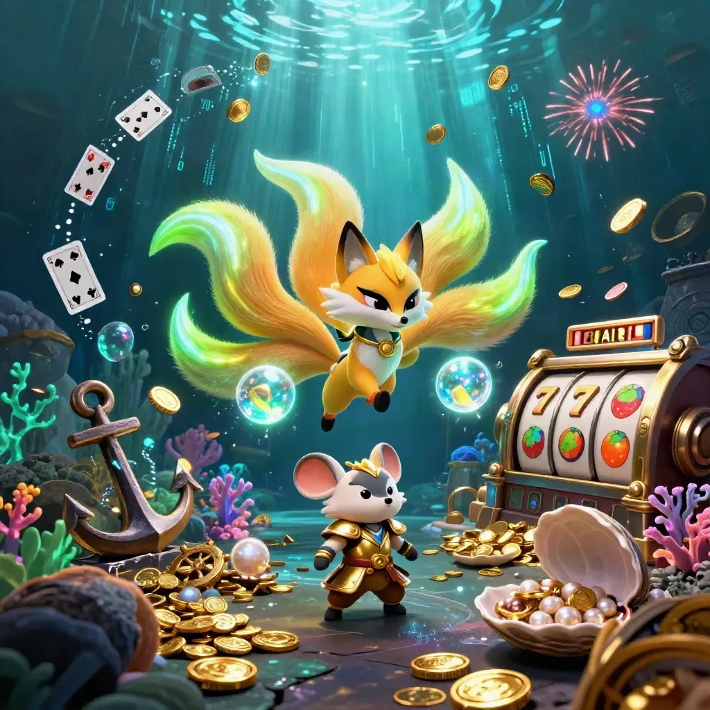 Nine-tailed fox spirit and armored mouse amid treasure, coins, coral, neon underwater casino chaos