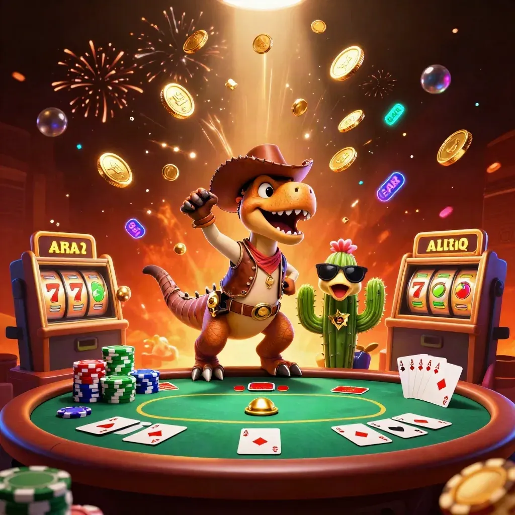 Cowboy T-Rex, cactus sidekick, and roadrunner erupt amid gold coins, poker chips, and slot reels.