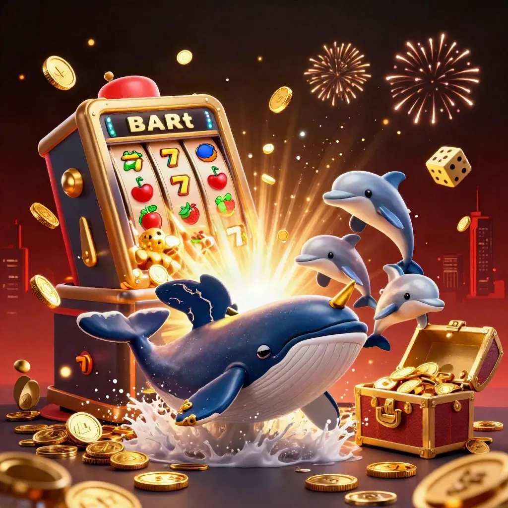 Whale captain, narwhal and dolphins burst from coins around a slot machine and treasure chest.