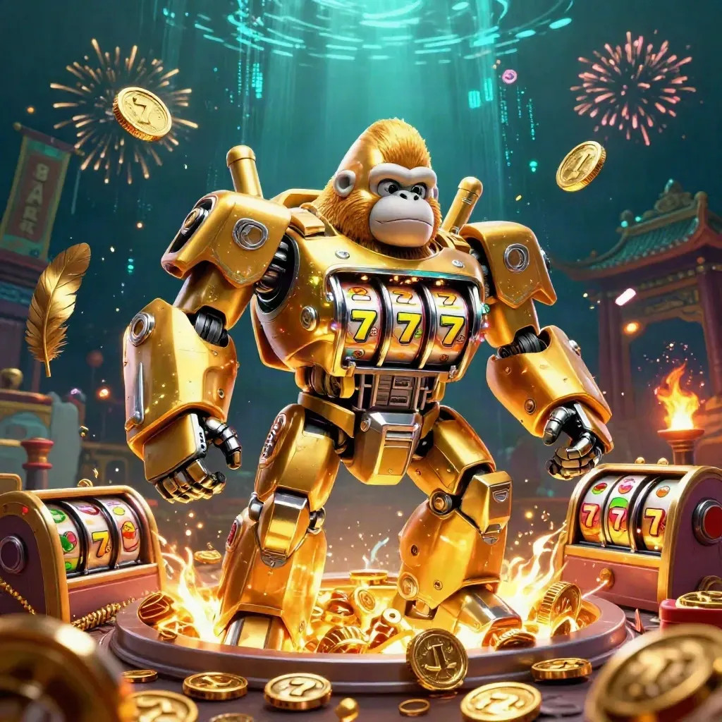 Golden gorilla mech with monkey pilot bursts through coins, reels, fireworks, and neon casino effects