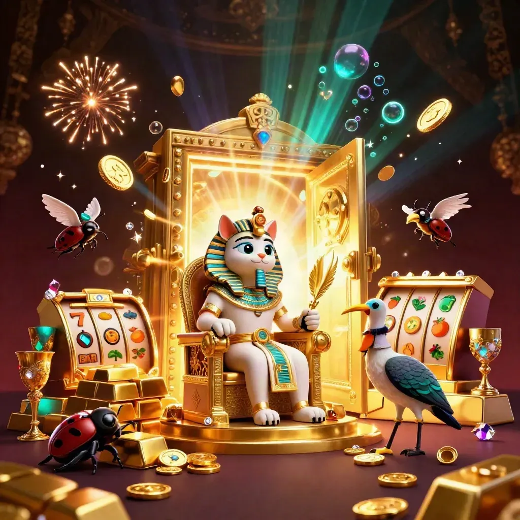 Egyptian pharaoh cat, ibis scribe, and scarabs burst from a golden vault amid coins, gems, and fireworks.