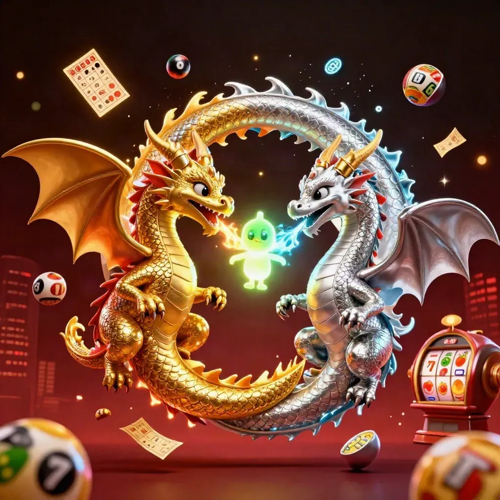 Twin gold and silver dragons spiral with fire and ice amid casino sparks and a tiny lantern spirit.