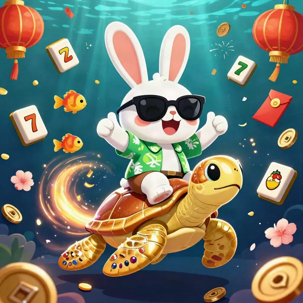 Lucky rabbit on golden sea turtle amid fish, coins, lanterns, and casino sparks.