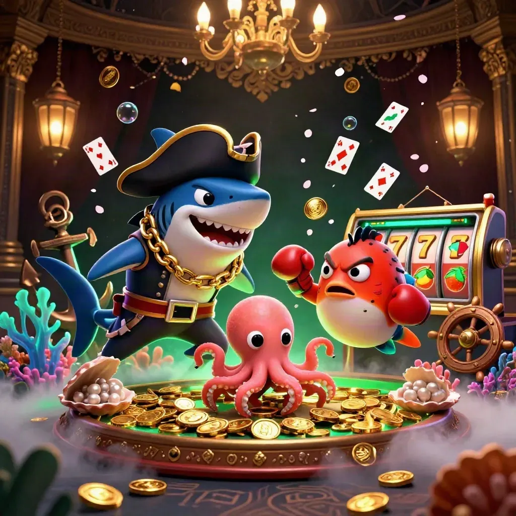 Pirate shark, boxing pufferfish, and coin-juggling baby octopus in a luxe casino underwater scene.