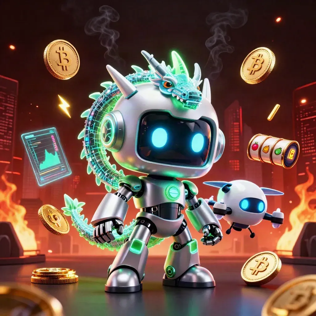 Chrome cyberpunk robot with holographic dragon, coin drone, and casino symbols in neon light.