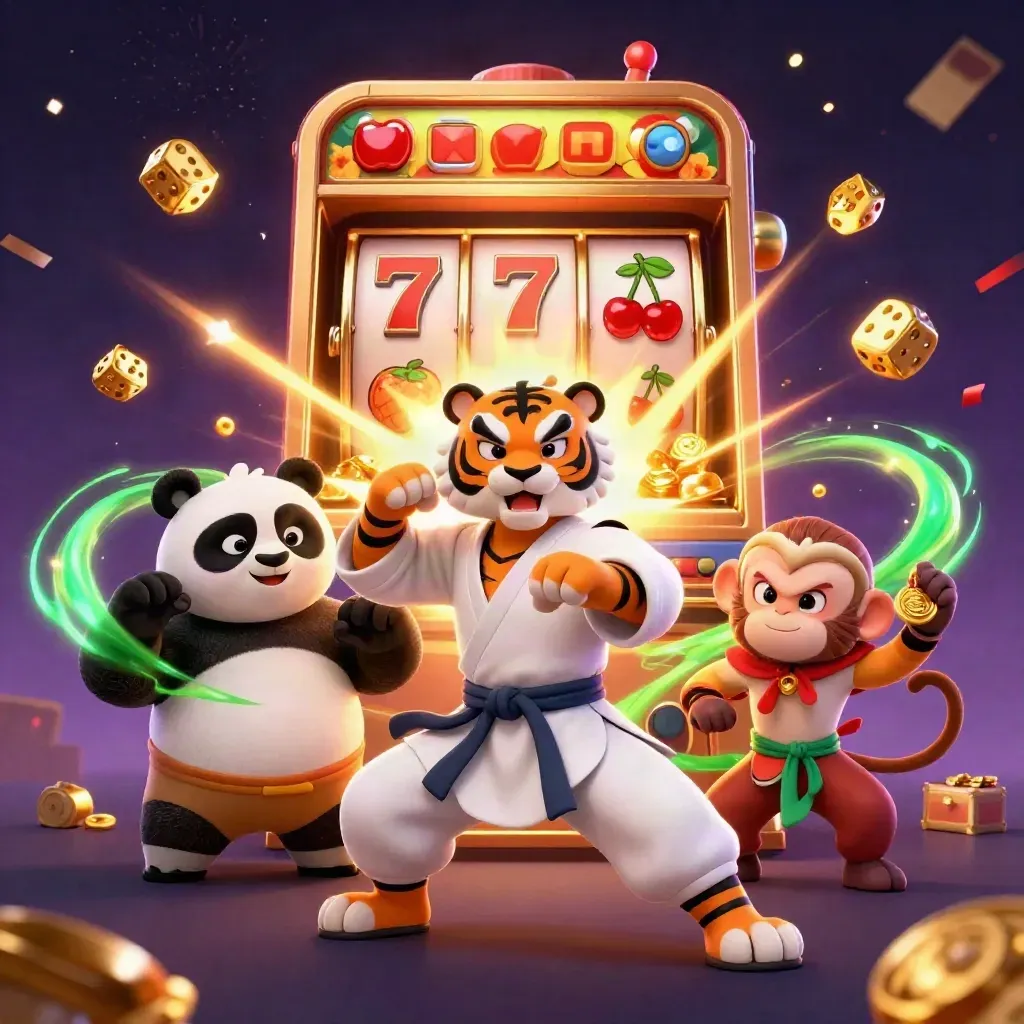 Tiger master, panda disciple, and monkey student amid a bursting slot machine and gold in neon green glow.