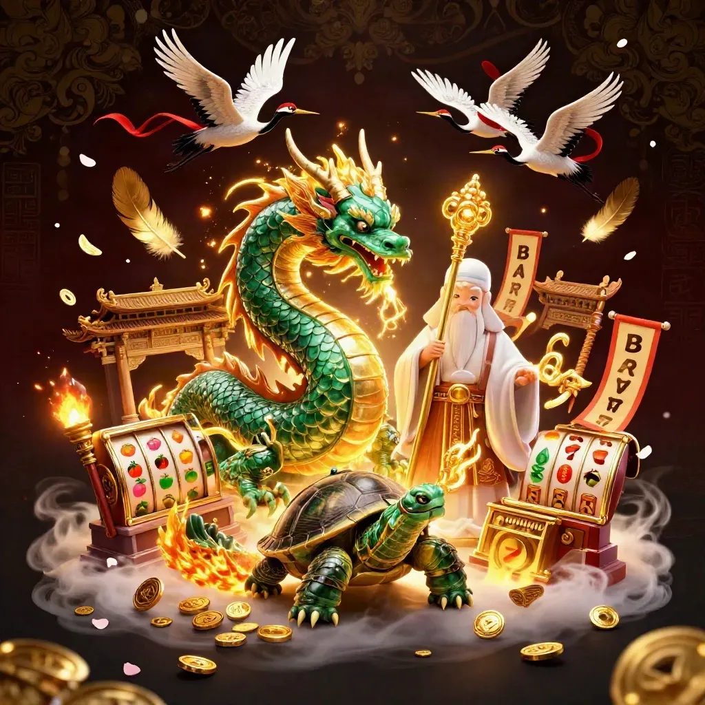 Emerald dragon, turtle sage, and cranes amid gold fire, coins, reels, and temple glow