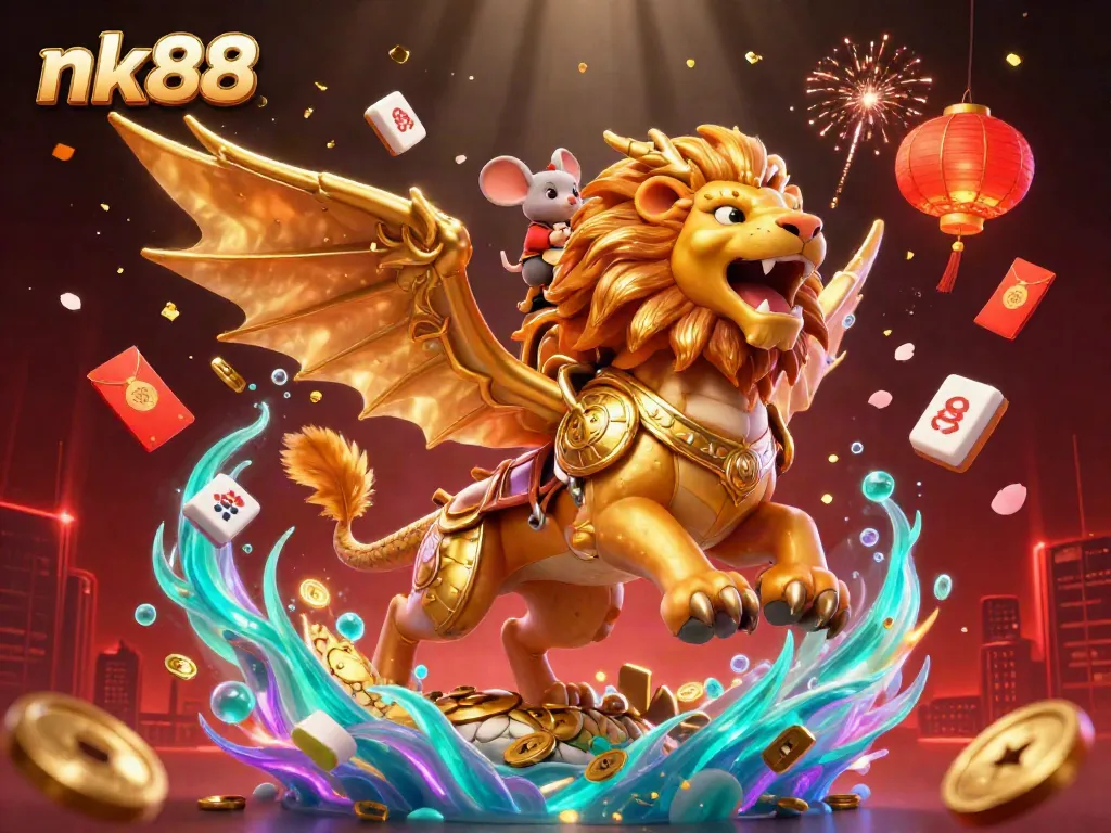 Experience nk88 action with a golden-armored chimera, mouse jockey, and floating gaming elements in a vibrant casino scene.