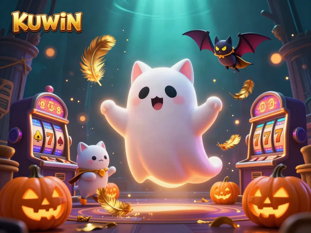 Engage with KUWIN's exciting new digital casino, featuring a 3D friendly ghost cat and fun glowing elements.