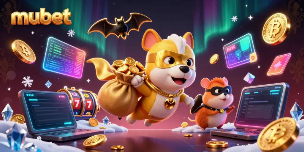 Experience excitement with mubet as a superhero dog flies with a bag of coins in a dynamic casino scene.
