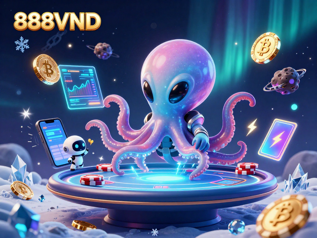 Engage with 888VND in a dazzling digital casino universe filled with cosmic creatures and vibrant crypto elements.