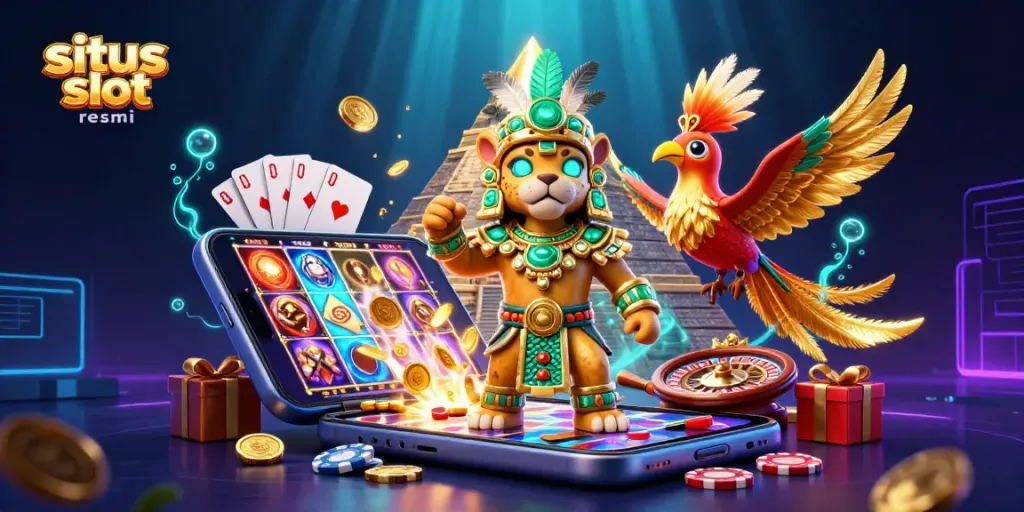Experience situs slot resmi with a vibrant 3D jaguar priest and dynamic casino elements including slot games.
