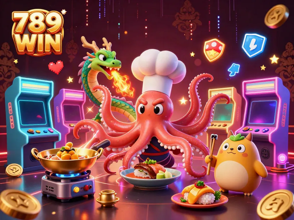 Engage with 789 WIN's vibrant casino scene featuring a sushi chef octopus, a fiery dragon, and dynamic game elements.