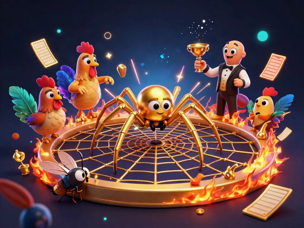 Alo789 Đá gà trực tiếp dynamic betting scene with 3D spider and colorful fighting elements.