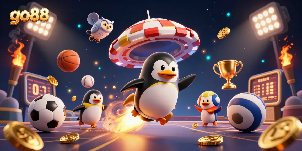 Experience go88 with a golden penguin in a vibrant 3D casino-themed space adventure.