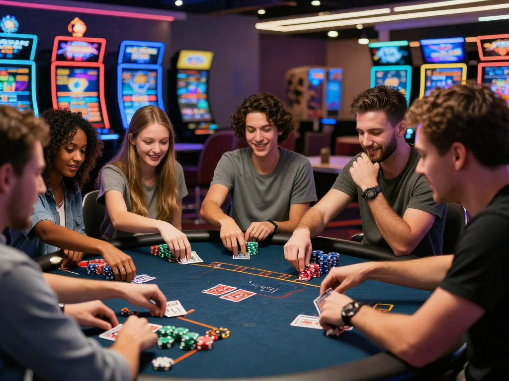 Un emozionante gioco di poker al casino online stranieri con amici in un ambiente vivace e moderno.