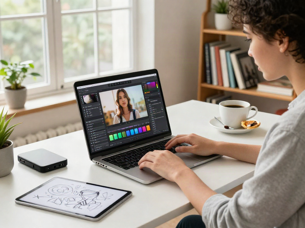 Young professional using an ai photo editor in a bright creative workspace.