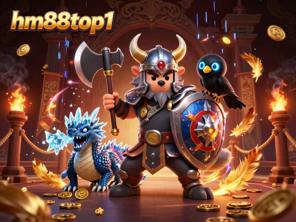 Experience thrilling gameplay with hm88top1, featuring a Viking warrior, dragon, and vibrant casino elements.