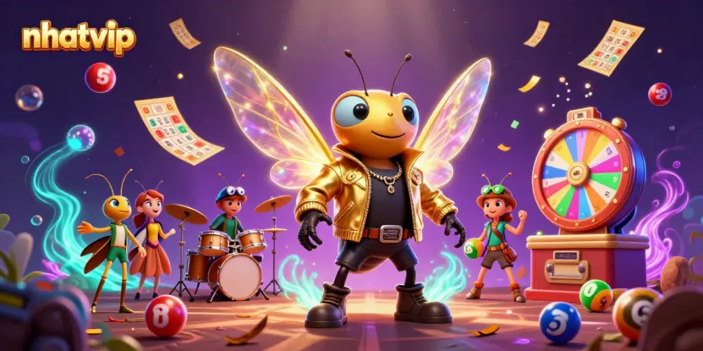 Nhatvip inspired 3D scene showcasing a rock star cicada and vibrant casino elements