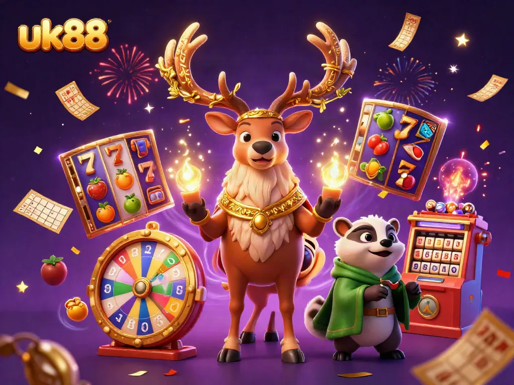 Experience thrilling slot adventures at uk88 with a Celtic stag and badger amidst a vibrant casino scene.