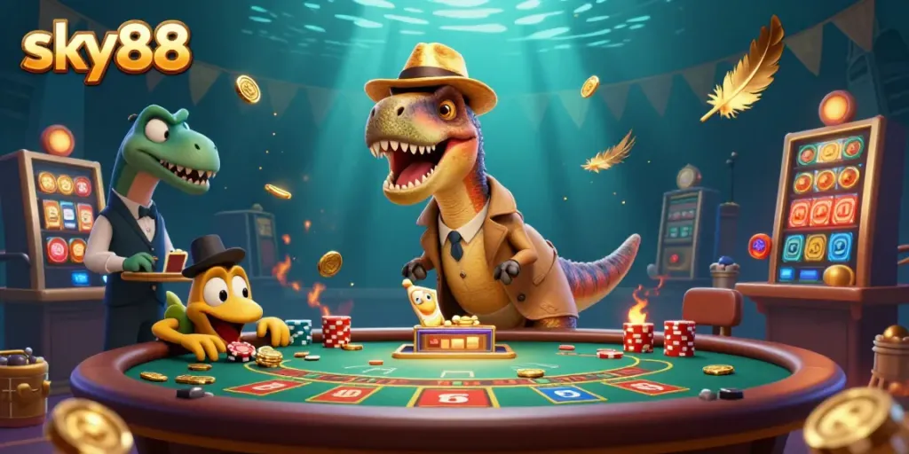 Sky88 casino scene with a velociraptor card counter, stegosaurus pit boss, and compy pickpocket adding excitement and intrigue.