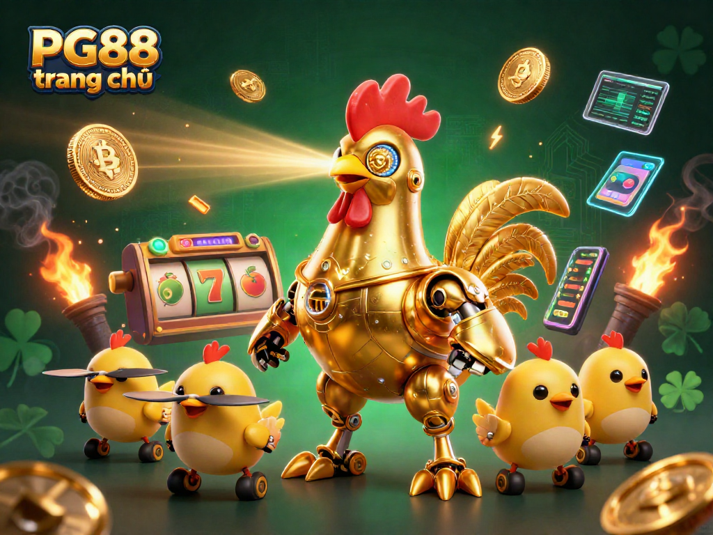 Engaging casino scene with PG88 trang chủ featuring a golden rooster robot, crypto elements, and vibrant slot symbols.