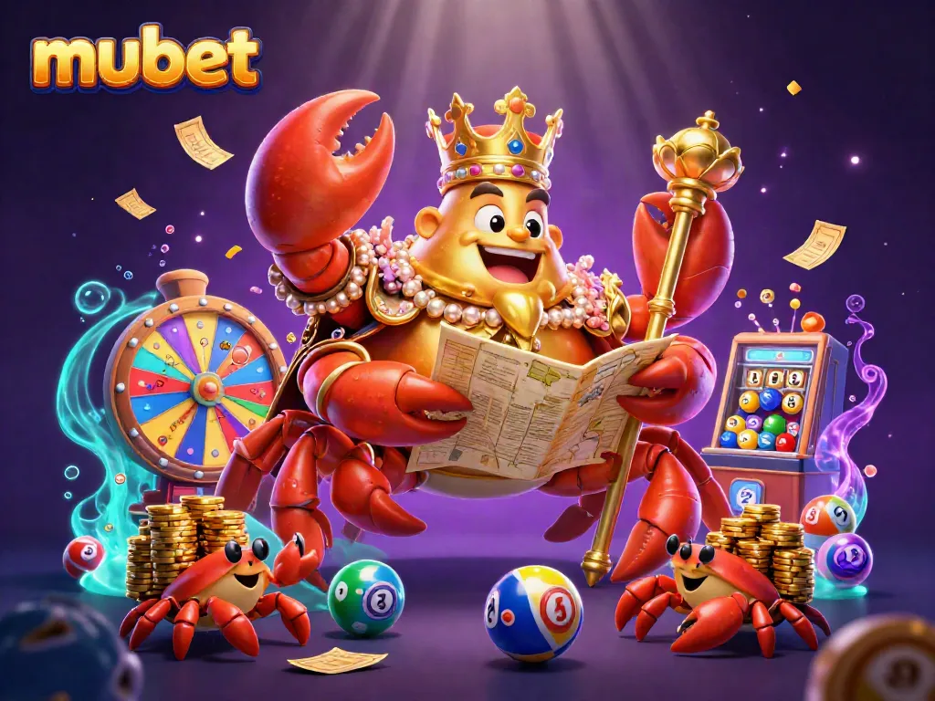 Experience the excitement of mubet with a vibrant 3D casino illustration showcasing a crab emperor and lottery elements.