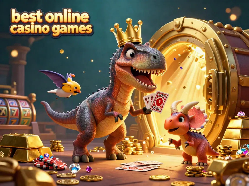 Experience the best online casino games with a T-Rex shuffling cards in a colorful casino-themed scene.