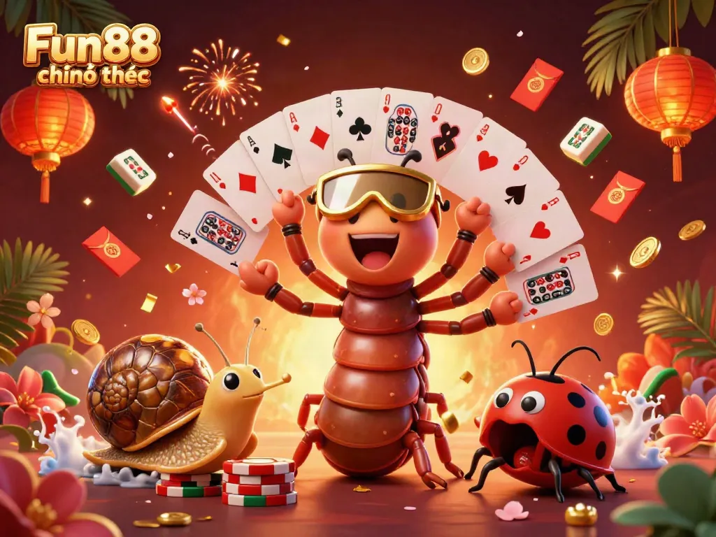 A vibrant 3D casino illustration showcasing Fun88 chính thức with a millipede dealer, snail high-roller, and chip excitement.